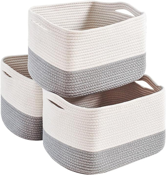 Grey Storage Baskets for Organizing Shelves, Woven Cotton Rope Baskets for Storage, Dog Toy Basket Storage Kids, Gray Shelf Basket, 14.8"×11"×9.5", Pack of 3, Off White & Grey
