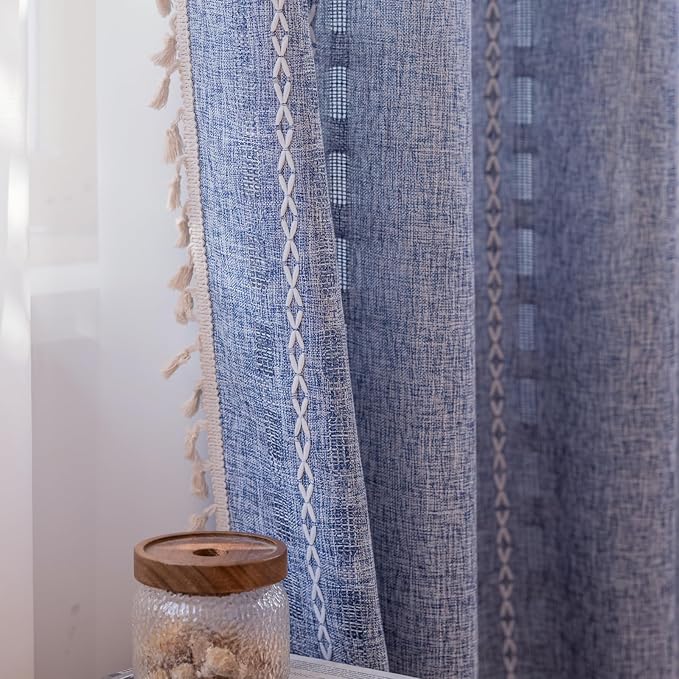 Deeprove Denim Blue Boho Curtain 72 inches Length for Laundry Room Bathroom, American Classic Bohemian Sheer 72 inches Long Stripe Embroidery Privacy Window Tassel Decor W52 x L72, 1 Panel