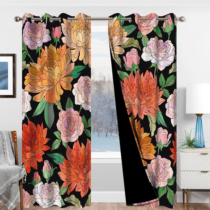 Boho Blackout Curtains 84 Inches Long 2 Panels Set with Curtain Tiebacks, Spring Thermal Insulated Soundproof Grommet Darkening Drapes, Vintage Floral Pattern Blackout Curtains for Bedroom Living Room