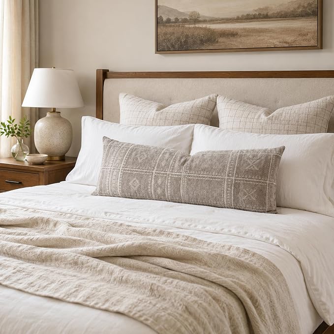 BlissBlush Decorative Lumbar Pillow Cover 14x36, Long Decorative Throw Pillow for Bed, Taupe Boho Textured Chenille Accent Pillowcase for Bedroom Home Décor (Cover Only)