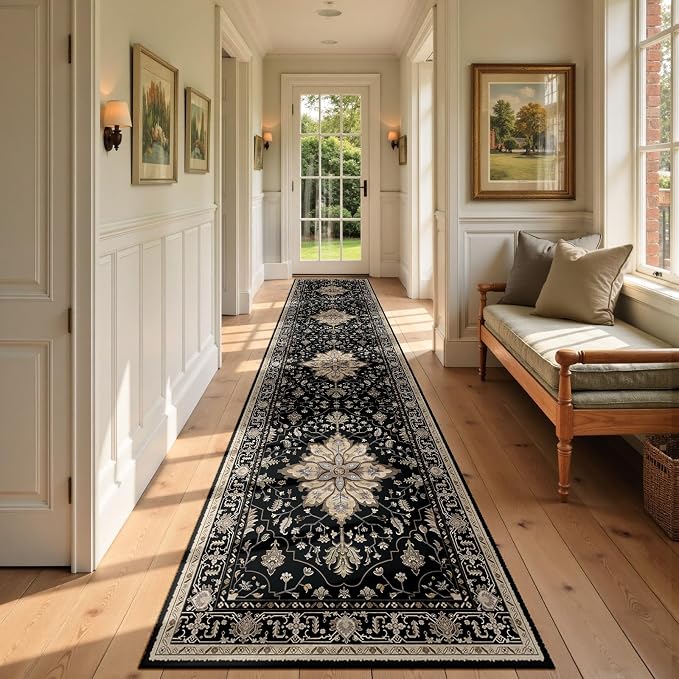 RELEANY Area Rugs Runner 2'x9' Washable Non-Slip, Floral Vintage Distress Medallion Carpet for Kitchen Hallway Bedroom Beside Laundry Room Bathroom, Black Brown Neutral Dark Tan