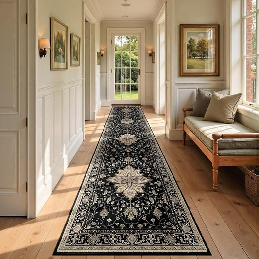 RELEANY Area Rugs Runner 2'x9' Washable Non-Slip, Floral Vintage Distress Medallion Carpet for Kitchen Hallway Bedroom Beside Laundry Room Bathroom, Black Brown Neutral Dark Tan