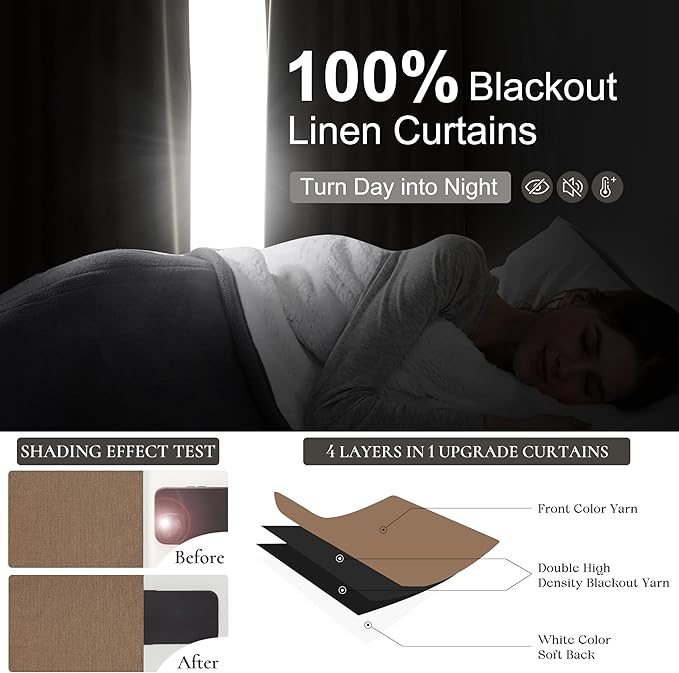Extra Long Custom 102 Inch Curtains, 100% Blackout Curtains for Bedroom Weather Burg Thermal Insulated Noise Cancelling Pleated Heading Tape Hook Back Tab RustBrown Boho Drapes Chocolate 2 Panel Set