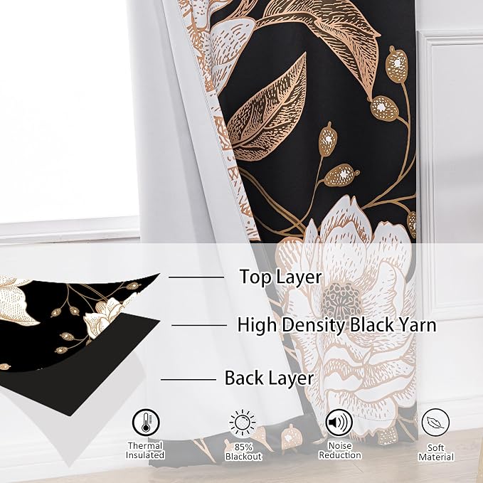 Boho Floral Blackout Curtain, Black Gold Flowers Aesthetic Art Curtains Darkening Thermal Insulated Grommet Window Drapes for Living Room Bedroom Decor 2 Panels 52x84 Inches