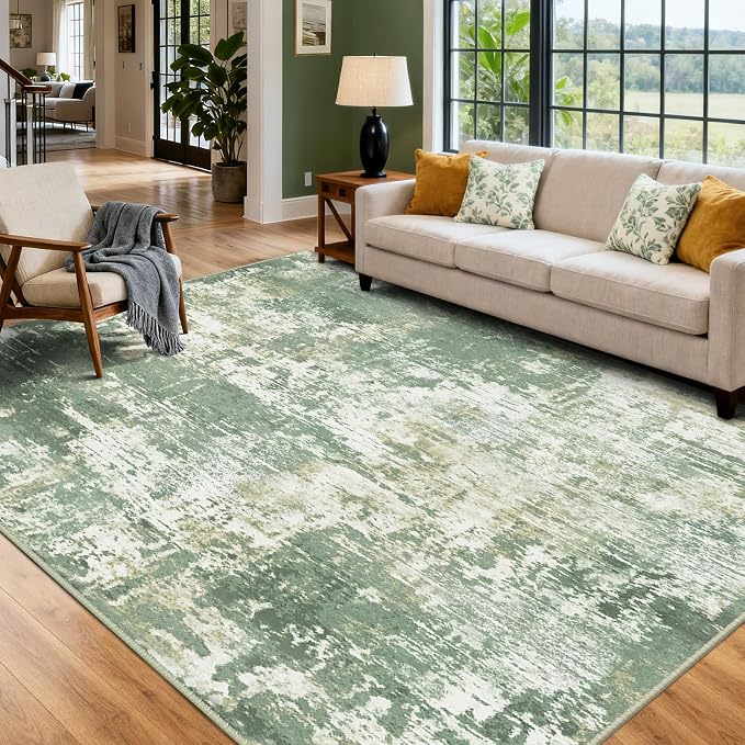 RELEANY Washable Area Rugs 10'x14 Non-Slip Modern Abstract Soft for Living Room Entryway Bedroom Kitchen, Print Pattern, Light Green/Yellow
