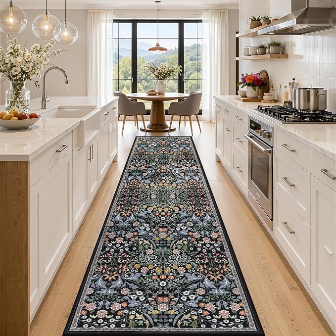 Runner Rug for Entryway: 2.6x14 Kitchen Rugs Non Slip Washable Ultra-Thin Soft Floral Carpet Indoor Floor Stain Resistant Carpets for Hallway Bedroom Kitchen Laundry Bathroom Dorm Dark Black