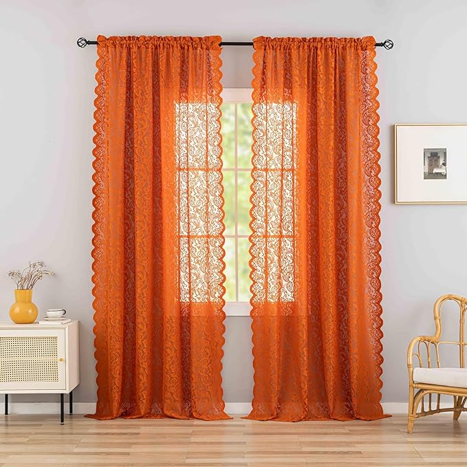 ALIGOGO Orange Sheer Curtains Luxury Embroidered Floral Orange Curtains 2 Panels 96 Inches Long for Living Room Boho Scalloped Rust Rod Pocket Lace Fall Decor, 52 x 96 Inch