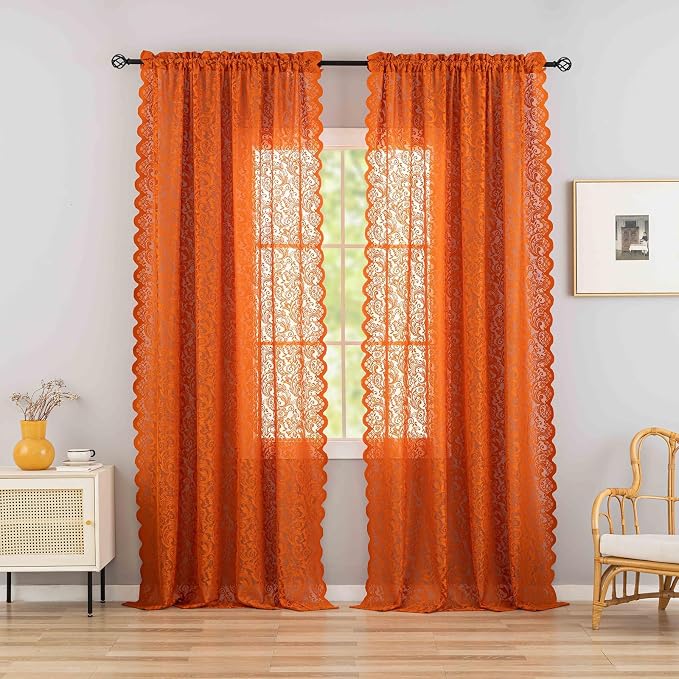 ALIGOGO Sheer Orange Curtains 108 Inches Long - Embroidered Floral Rust Window Treatment for Dining Room Farmhouse Orange Curtains 2 Panels, Scalloped Rod Pocket, 52 x 108 Inch