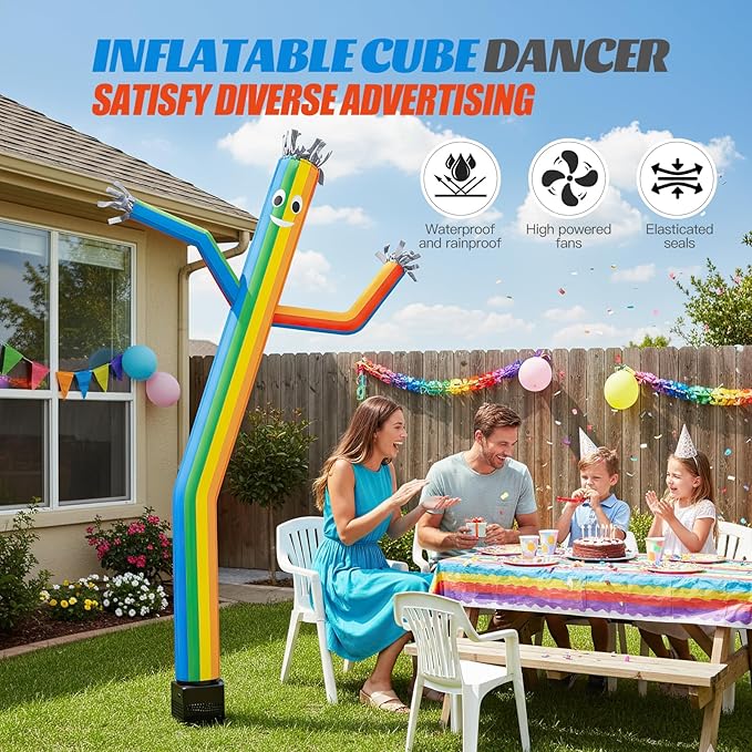 6ft Rainbow Sky Air Puppet Dancer Inflatable Waving Tube Man with Lights & Built-in Blower - Wacky Waving Dancing Tube Guy for Business Promotion Stand Out Christmas Advertising