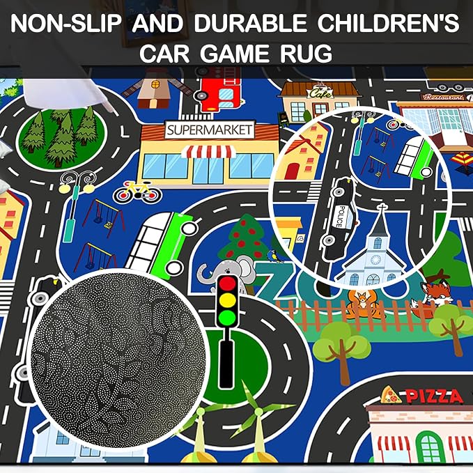 Road Rug for - Car Rug Play Mat for Boys Room, Blue Road Carpet Playmat Fun Race Track Car Carpet for Bedroom Playroom Home Decor Floor Mat, 2.5x4 Feet