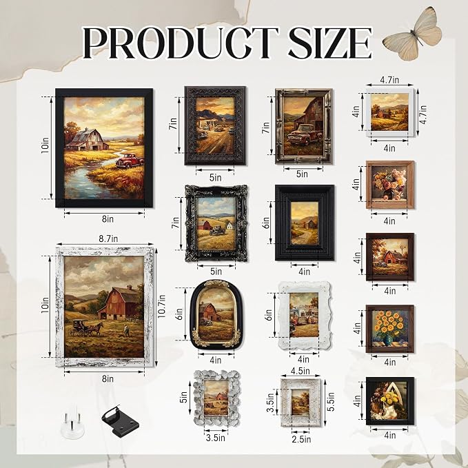 Kathfly 15 Pack Vintage Picture Frames for Wall, Tabletop Display Ornate French Country Frames Vintage Farmhouse Decor Antique Wall Frame Set for Gallery Bedroom Living Room Decor (Retro in Black)