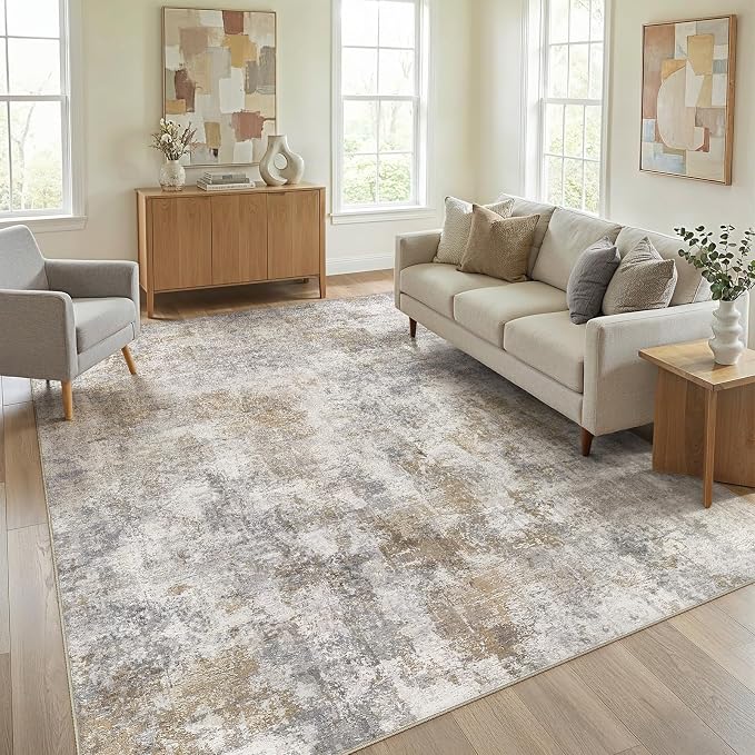 WITSHOCK Area Rugs 8x10 Living Room Rug - Washable Neutral Soft Low Pile Non-Slip Modern Abstract Thin Large Indoor Carpet for Bedroom Dining Room Nursery Office - Light Brown Grey