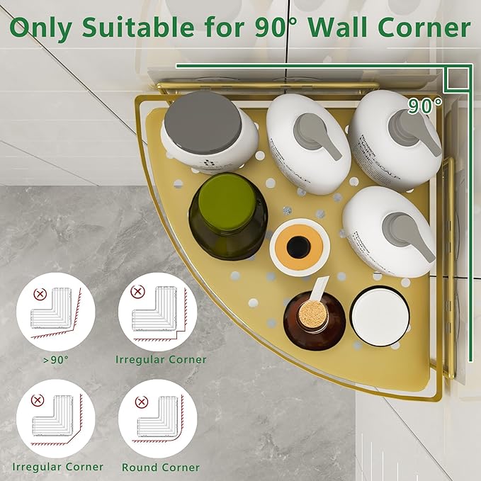 Corner Shower Caddy, 2 Pack Adhesive Gold Shower Organizers, Rustproof Stainless Steel Shower Shelves with 4 Hooks, No Drilling Shelves for Bathroom Storage & Home Decor