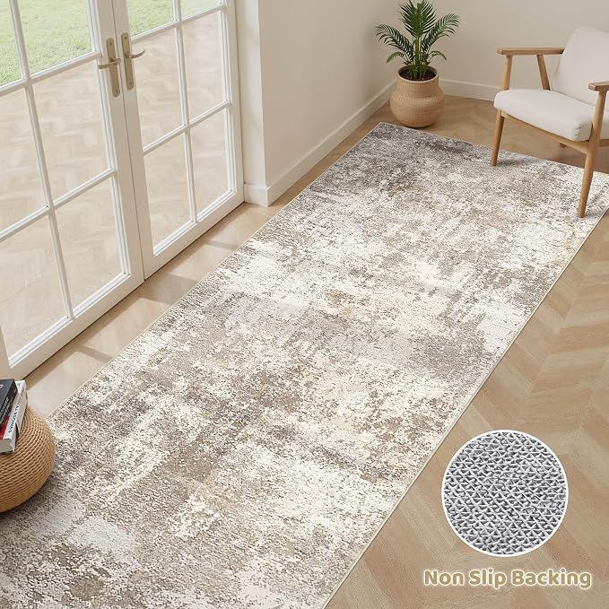 Runner Rug Kitchen Washable Rugs: 2x10 Non-Slip Abstract Soft Modern Stain Resistant Indoor Floor Neutral Accent Throw Carpet for Hallway Bathroom Laundry Room Entryway Bedroom- Beige Brown