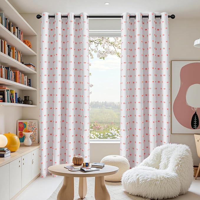 MEETSKY 100% Blackout Curtains for Girls Bedroom 95 Inch Long with Pink Pom Pom Sheer Total Room Darkening Nursery Curtains for Kids Room 2 Panels Grommet Double Layer Window Drapes 52W x 95L
