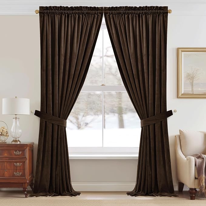 StangH Brown Velvet Curtains 84 inches Elegant Home Decor Blackout Thermal Insulated Soundproof Drapes for Bedroom Large Window/Living Room, W52 x L84, 2 Panels