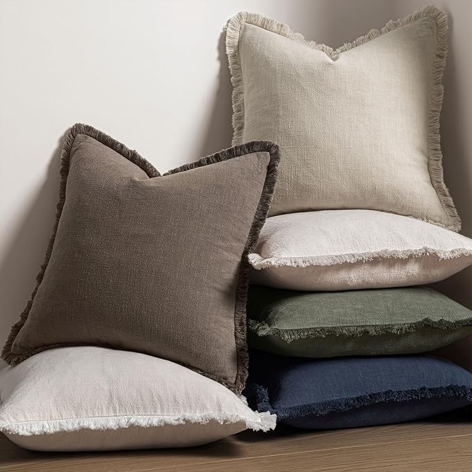 MIULEE Decorative Throw Pillow Covers Neutral Linen Fringe Throw Pillows Set of 2 Natural Coffee Boho Farmhouse Cushion Covers with Tassels for Couch Sofa Bed Living Room Fall Decor 20x20 Inch