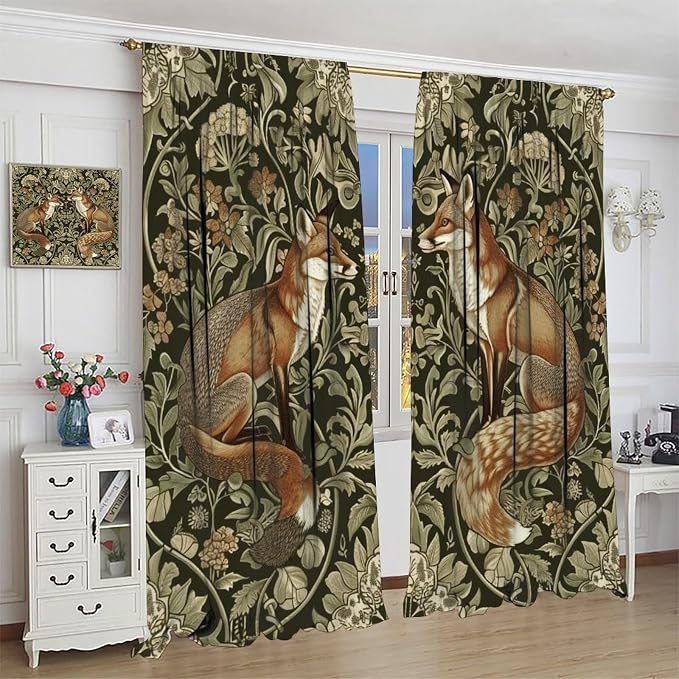 William Morris Blackout Curtains, Rustic Forest Fox Flower Botanical Art Rustic Window Drapes, for Bedroom Living Room 55" W X 63" L