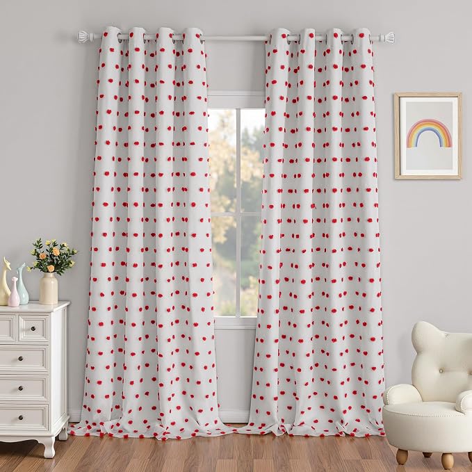 MYSKY HOME Blackout Curtains for Living Room 95 Inch Long Total Light Blocking Curtains for Sliding Door 2 Panels Grommet 100% Room Darkening Girls Bedroom Drapes with Red Pom Pom Sheer 52 x 95 in