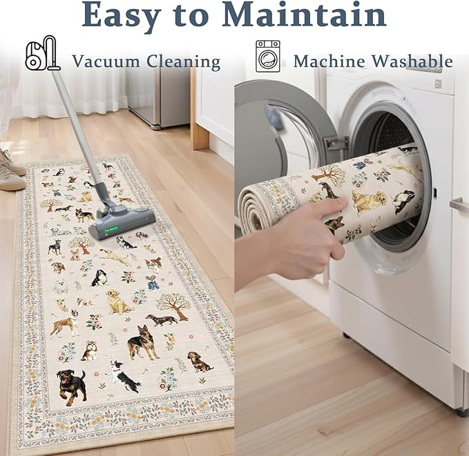 Dog Rug for Hallways Kitchen Rug 2x8, Non Slip Washable Rugs with Rubber Backing Soft Floral Dog Carpet Runner for Hallways, Kitchen, Laundry, Bedroom, Bathroom (2 x 8, Beige)