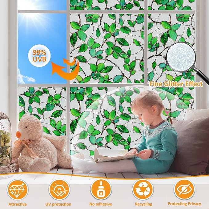 COUNTEWOL Window Privacy Film with Installation Tools Home Decorative Colored Glass Window Stickers Reusable electrostatic Rainbow Stickers (Frosted Greenery Leaf, 45.2 x 78.7 in)