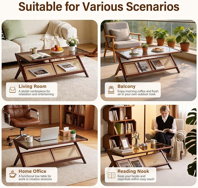 Tiita Rattan Coffee Table, Bamboo Accent Bedside Tables, Glass Nightstand Side Table, Boho Wooden End Table with Storage for Living Room,Living Room, Dining Room, Tea, Home Décor