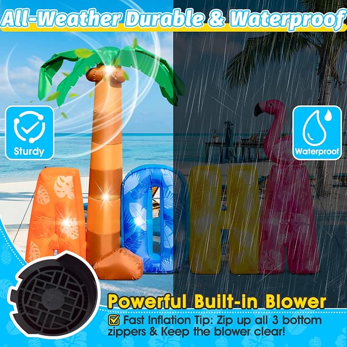 7FT Inflatable Aloha with Palm Tree Flamingo for Luau Party Decorations, Blow Up Aloha Sign Built-in 7 LED Lights for Summer Outdoor Decor, Hawaiian Beach Pool Yard Garden Birthday Photo Backdrop