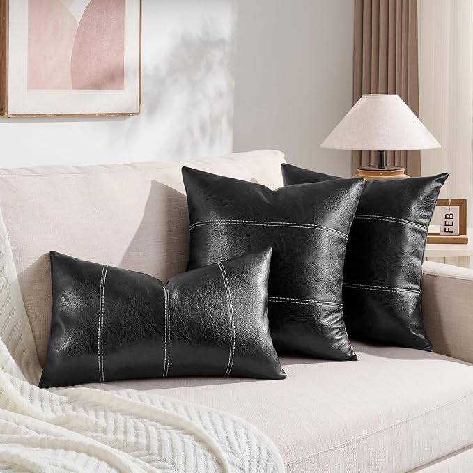 Fancy Homi Black Boho Faux Leather Decorative Throw Pillow Covers 18x18 Inch for Living Room Couch Bed Sofa, Rustic Modern Farmhouse Home Decor, Hand Stitched Square Cushion Case 45x45 cm