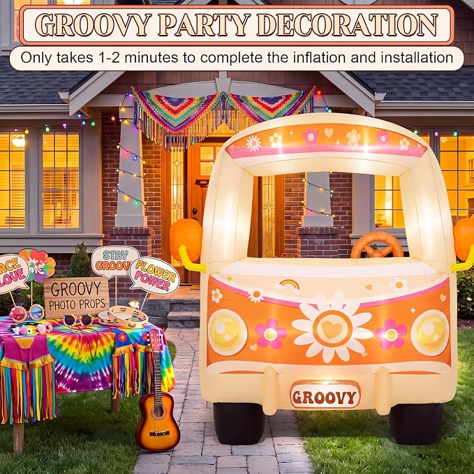 Soulchen 6FT Inflatable Hippie Bus with LED Lights and Powerful Blower Retro 60s 70s Boho Groovy Party Decoration Photo Booth Selfie Frame for Birthday Baby Shower Carnival