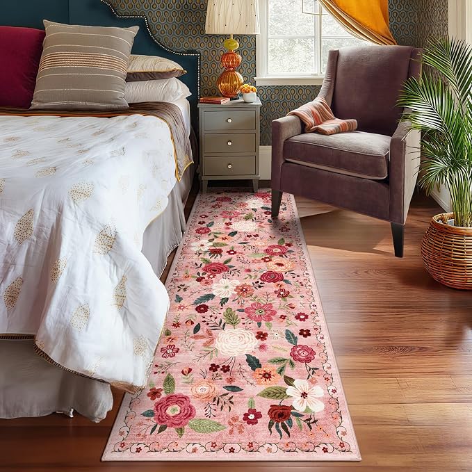 2.6x8 Machine Washable Runner Rug, Kitchen Hallway Area Rug Dark Pink Vintage Boho Floral Ultra Non-Slip Low Pile Soft Faux Wool Carpet Kids and Pets Friendly for Bedroom Entryway Nursery Decor Rug