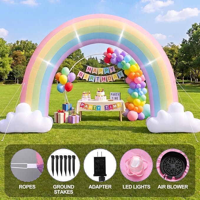 Jenaai 8ft Pastel Inflatable Rainbow Arch Blow up Yard Decorations with Built-in LED for Outdoor Baby Shower Wedding Birthday Pride Party Holiday, Giant Rainbow Archway Decor for Garden Lawn