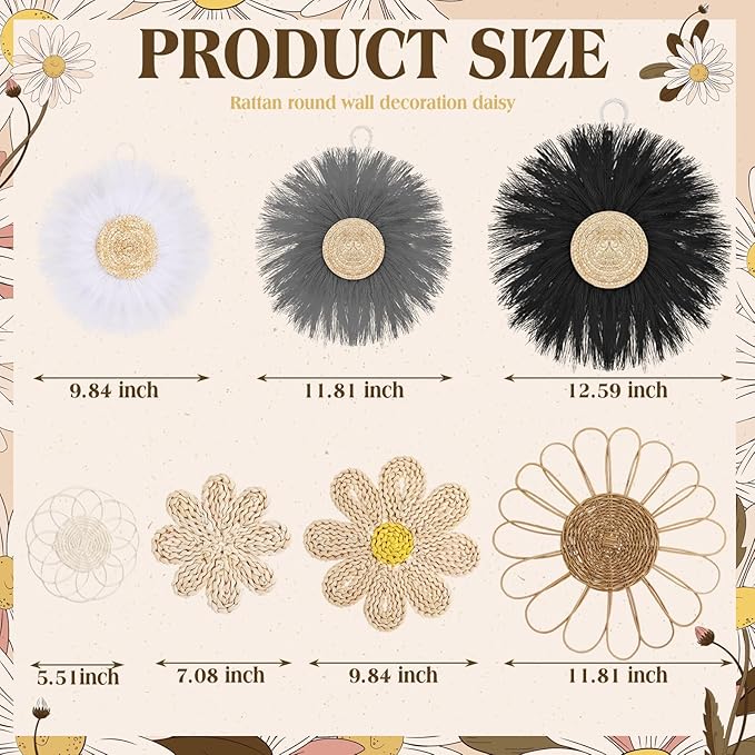 Chunful 7 Pcs Boho Wall Basket Decor Rattan Flower Wall Decor Nursery Daisy Flower Woven Macrame Hanging Flowers for Baby Kids Girls Farmhouse Bedrooms Living Rooms Kitchen Home(Light Grey)