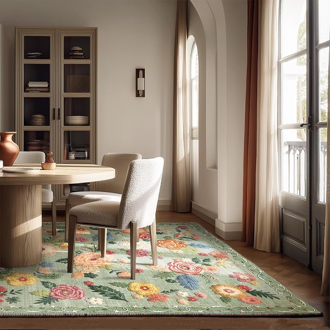 5x7 Area Rugs for Living Room: Washable Bedroom Rug Non Slip Low Pile Soft Faux Wool Non Shedding Lightweight Distressed Vintage Green Floral Large Carpet for Dining Room Entryway Farmhouse Office