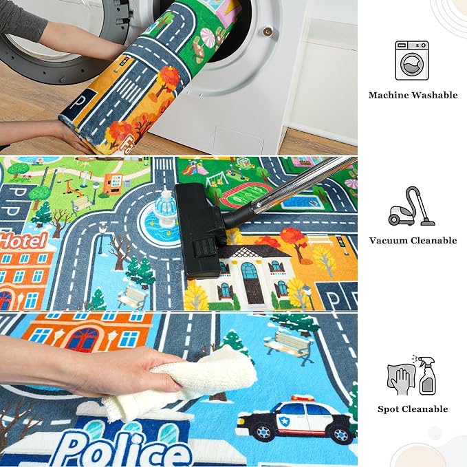Car Rug for Kids Toy Cars, Town City Track Road Carpet Playmat with Non-Silp Backing, Traffic Playmat for Road Washable Rugs Four Seasons Theme Traffic Mat for Kids Room Bedroom Game Safe Area, 3'x4'
