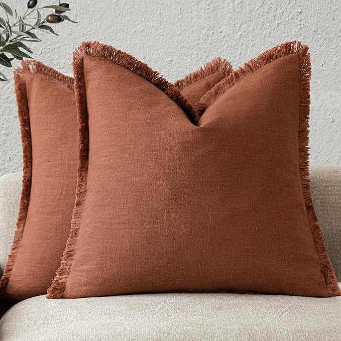 Foindtower Set of 2 Decorative Linen Fringe Throw Pillow Covers Farmhouse Cushion Cover with Tassels Soft Accent Pillowcase for Couch Chair Sofa Bed Living Room Home Decor,20×20 Inch,Fall Rust Orange