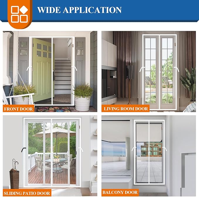Magnetic Screen Door White, Fits 32'' x 80'' Door, Tear-Resistant High-Density Fiber Mesh, Keep Annoying Creatures Out, Pet Friendly, with Unique Keep Open Straps if Don't Need Close, Enjoy Fresh Air