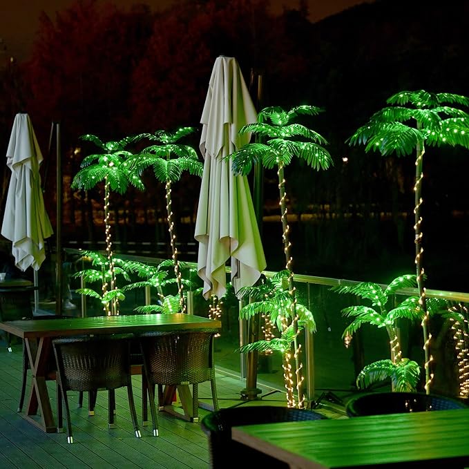 Artificial Palm Tree Christmas Tree 7Ft 3Trunks 260LED Lighted Simulation Tropical Palm Tree Fake Plant Light for Patio Home Office Beach Yard Cruise Hawaiian Party Tiki Bar Decorations - Electric