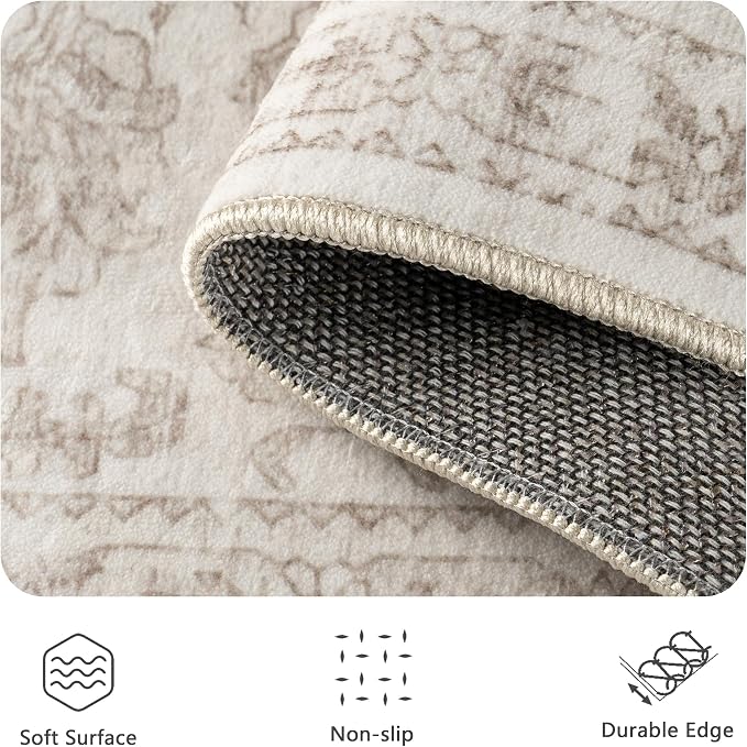 8x10 Area Rugs for Living Room, Washable Vintage Retro Floral Rug, Low Pile Non Slip Distressed Large Carpet for Bedroom, Dining Room, Office, Home (Light Brown)