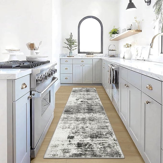 2'6''x8' Runner Rugs Washable Rug: Modern Abstract Hallway Runner Rug Indoor Soft Low Pile Thin Carpet Anti-Skid Non-Shedding Carpets for Kitchen, Entryway, Laundry, Bedroom - Black Grey