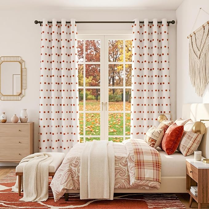 MYSKY HOME Blackout Bohemian Curtains for Bedroom Thermal Insulated Brick Red Pom Pom Curtain 72 Inch Long for Girls Room White Sheer Drapes for Dining Room Door Grommet, 52W x 72L, 2 Panels