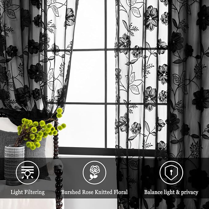 Treatmentex Black Sheer Lace Curtains for Bedroom Living Room Studio 102inch Long Vintage Rose Floral Embroidered Semi Sheer Curtain Panels Privacy Leaf Sheer Drapes with Scalloped Edge 54" w 2pcs