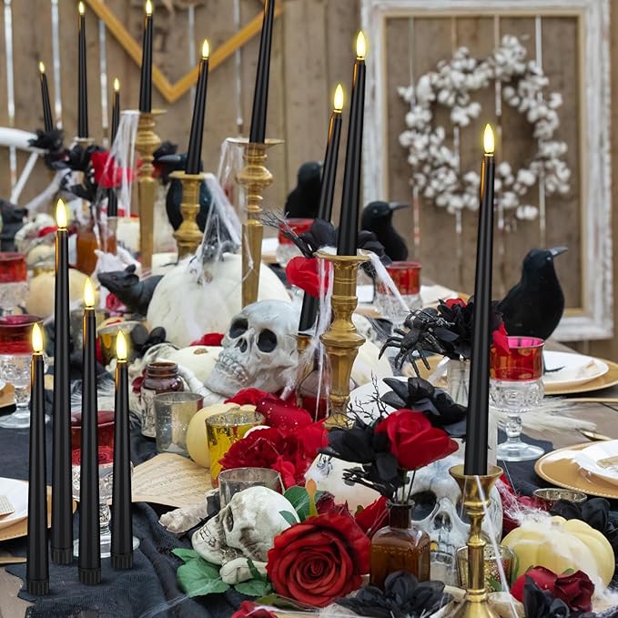 Rossesay 64 Pcs Wedding Flameless LED Taper Candles Battery Operated Candles 4 Sizes of 8.5'', 9.65'', 10.83'', 12.8'' Candlesticks Flickering for Halloween Christmas Church Wedding(Black)