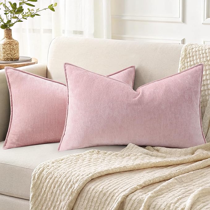 decorUhome Fall Couch Throw Pillow Covers 12x20 Set of 2, Decorative Soft Velvet Modern Cozy Chenille Lumbar Pillow Cases with Elegant Design for Sofa Bed Living Room Home Decor, Blush Pink