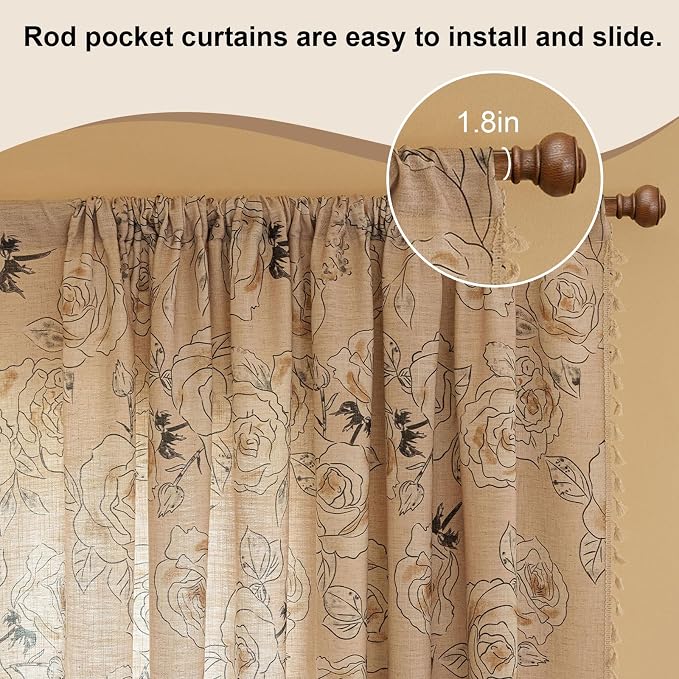 OYX Boho Floral Semi-Blackout Curtains for Bedroom, 2 Panels 52x63 Inches, Grey Rose Vintage Country Pattern with Tassels, Rod Pocket Design, Farmhouse Window Treatments