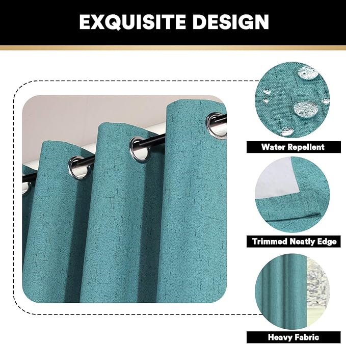 PrinceDeco Blackout Curtains for Bedroom Grommet Room Darkening Curtains & Drapes for Living Room Solid Thermal Insulated Textured Blackout Curtains Sun Blocking Drapes,52" W x 63" L,Teal Blue