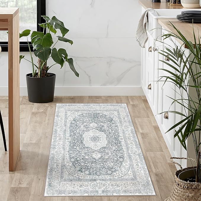 Small Rugs 2x3,Grey Rug for Entryway Bathroom Bedroom Kitchen Entrance Doormat,Boho Vintage Bohemian Distressed Washable Accent Floor Throw Carpet Non Slip,Floral