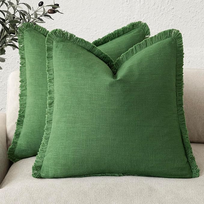 Foindtower Set of 2 Decorative Linen Fringe Throw Pillow Covers Cozy Boho Farmhouse Cushion Cover with Tassels Soft Accent Pillowcase for Couch Sofa Bed Living Room Home Decor,24×24 Inch,Forest Green