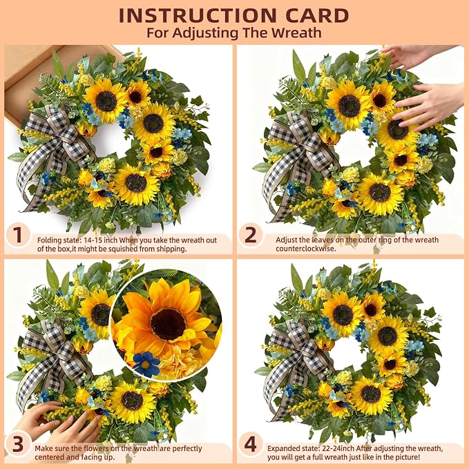 WANNA-CUL 24 Inch Summer Sunflower Wreath Linen Ribbon Front Door Wreath | Classic Farmhouse Door Wreath For Spring,Porch Indoor & Outdoor Mother's Day Decor With Daisies And Buffalo Check Ribbon.