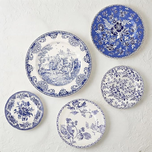 5 Pcs Coastal Vintage Ceramic Wall Plates Set, Blue and White Decoration Hanging Plates with Botanical Patterns, Holland Vintage Gifts for Wall, Home Office Art Ornament(Flowers)