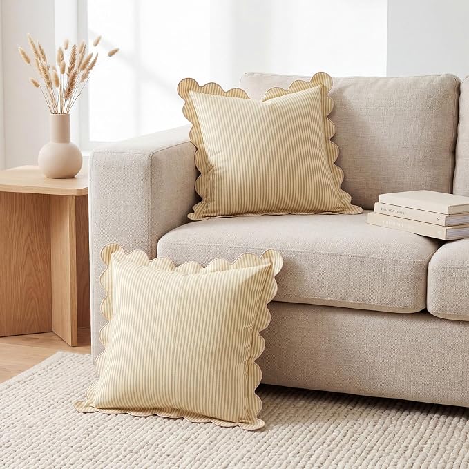 Newwiee 2 Pack Scalloped Pillow Cover 20 x 20 Inch Beige Stripe Throw Pillow Cover Cotton Decorative Pillowcase for Women Men Couch Living Room Cushion Indoor Outdoor Decoration